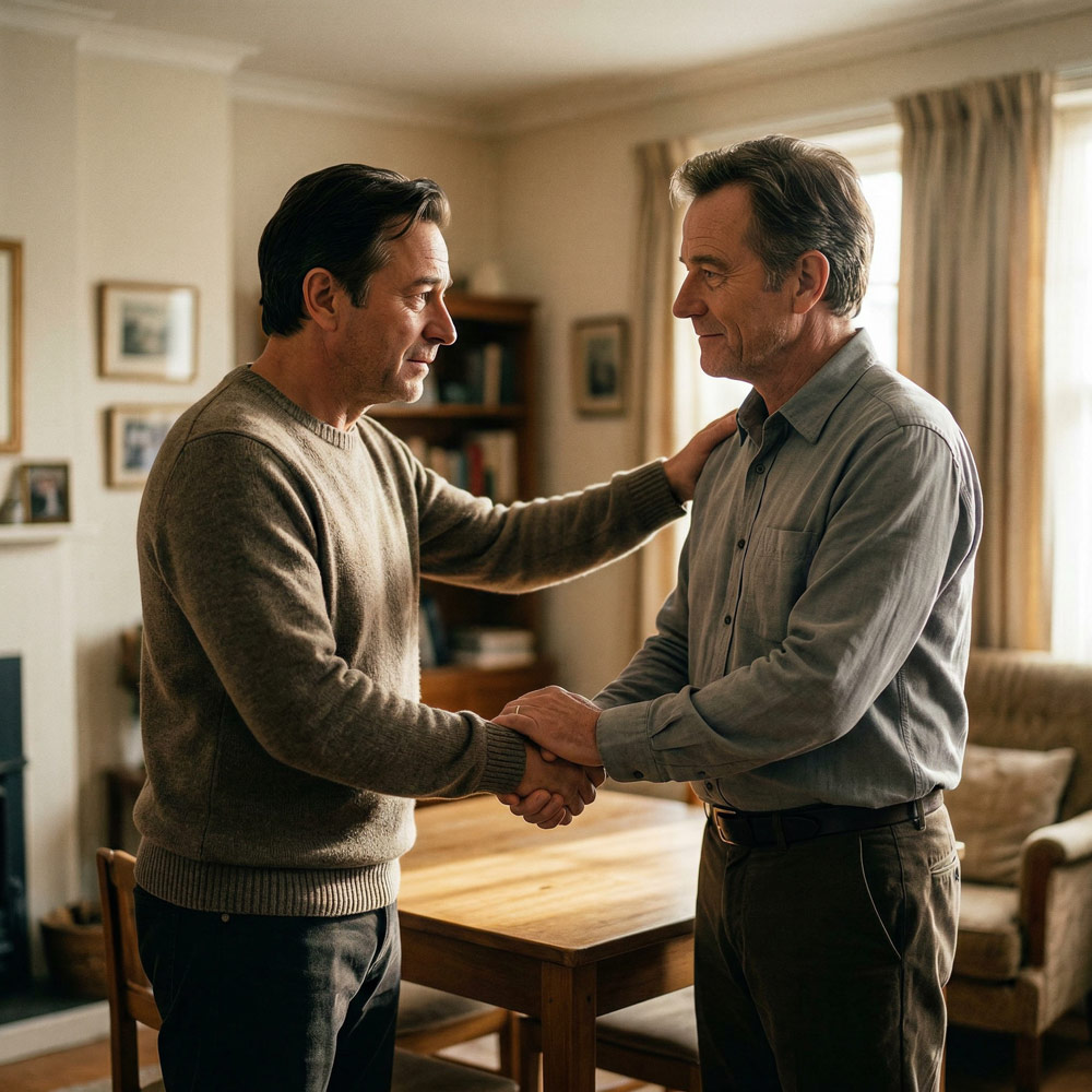 Zwei Männer geben sich die Hand und der eine ist sichtlich bewegt